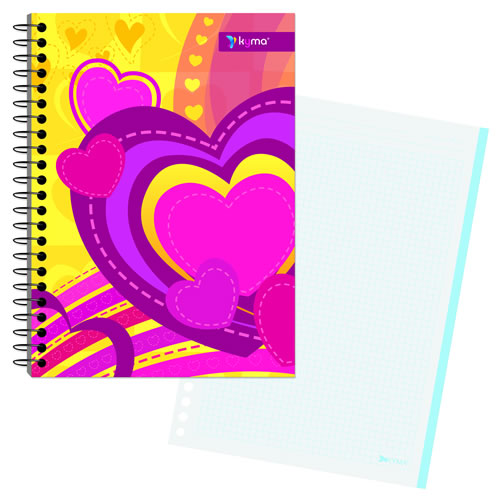 Cuaderno Profesional 100 hojas de cuadro 5 mm. corazones rosas y fondo amarillo